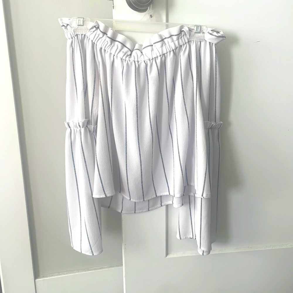 Off shoulder white and blue striped top